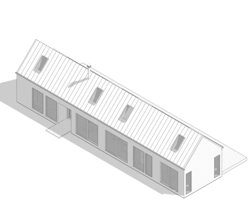 Line drawing of a long, single-gable HUTS Standard home.