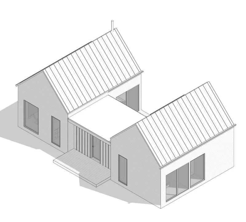 Line drawing of a HUTS Standard with two gabled wings linked around a courtyard.