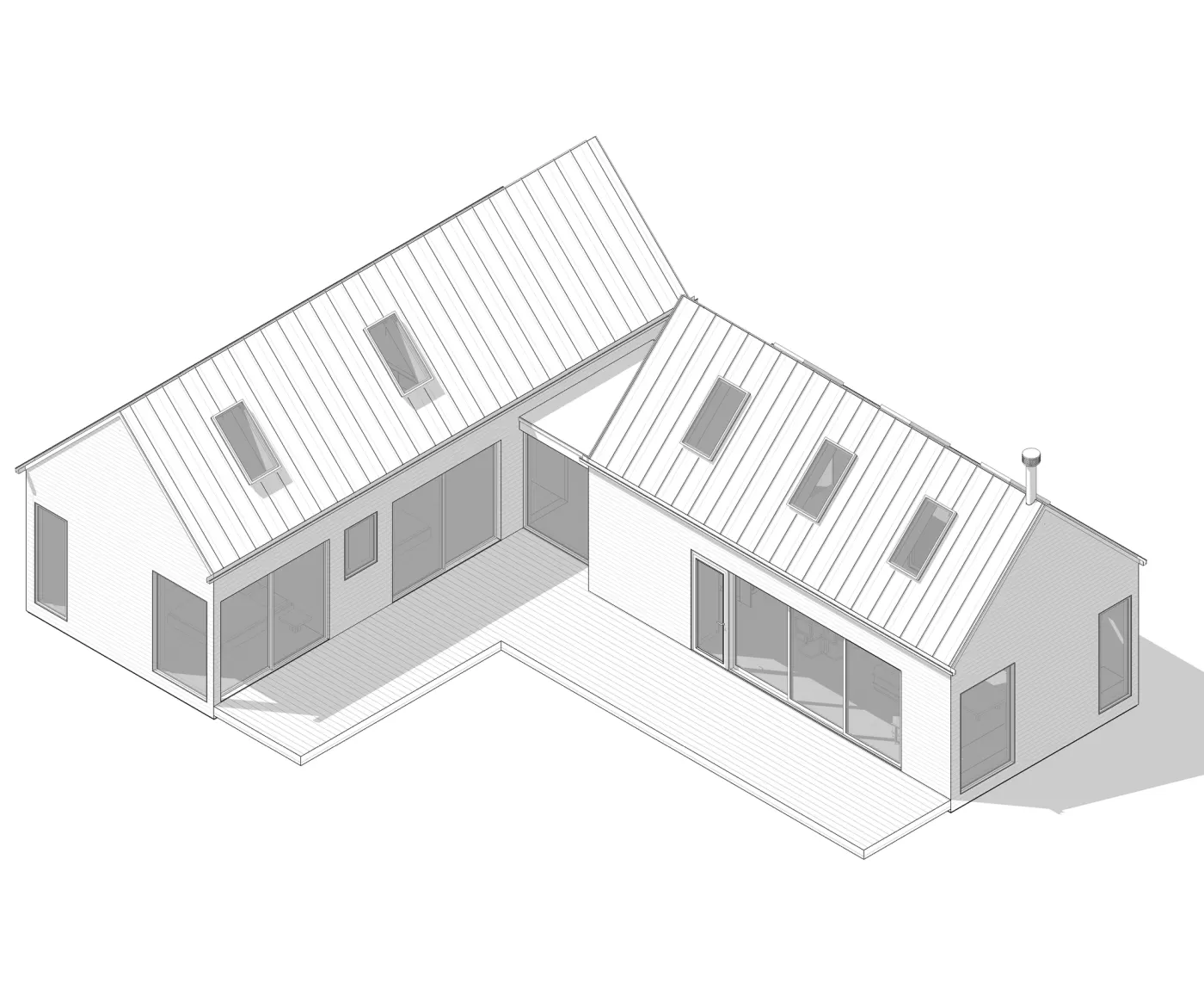Line drawing of an L-shaped HUTS Standard home with two gabled wings meeting at a corner.